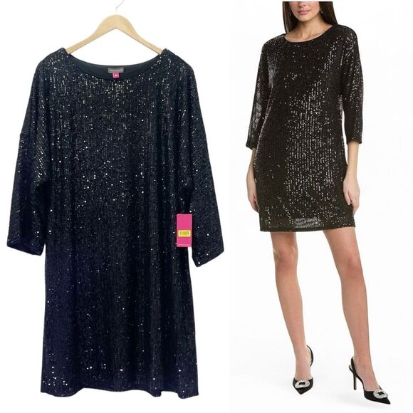 Vince Camuto Black Sequin Long Sleeve Dress - Picture 1 of 14